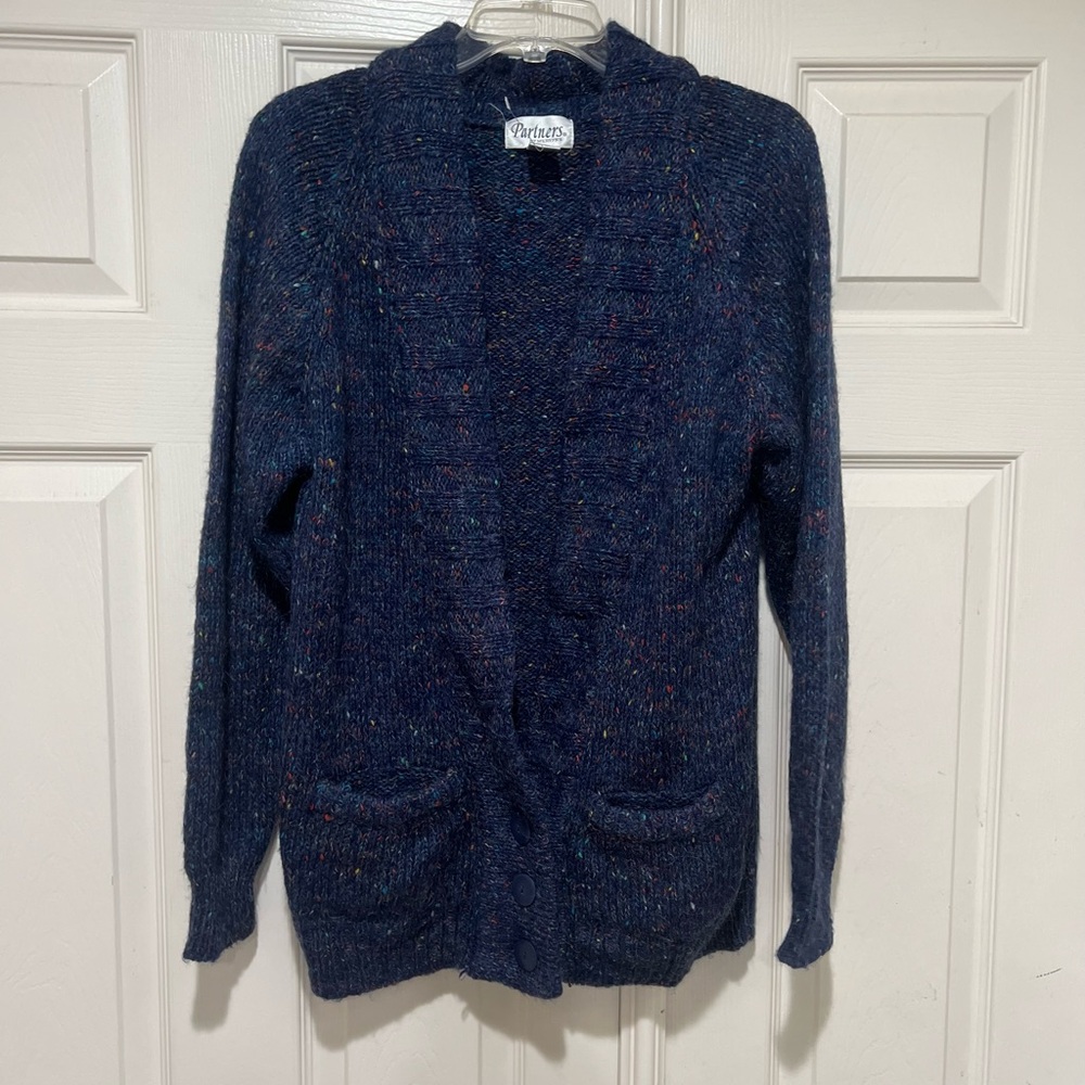 VNTG  Women's Small Blue Multi Color Knit‎ Cardigan Sweater Scandi Grama Preppy